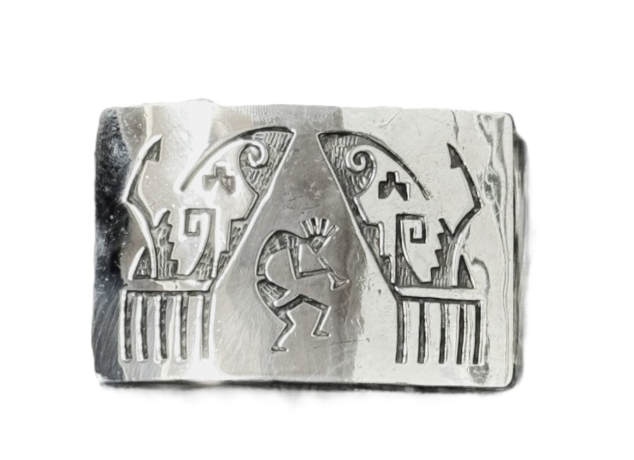 Hopi Pueblo Sterling Silver Overlay Belt Buckle with Kokopelli Motif
