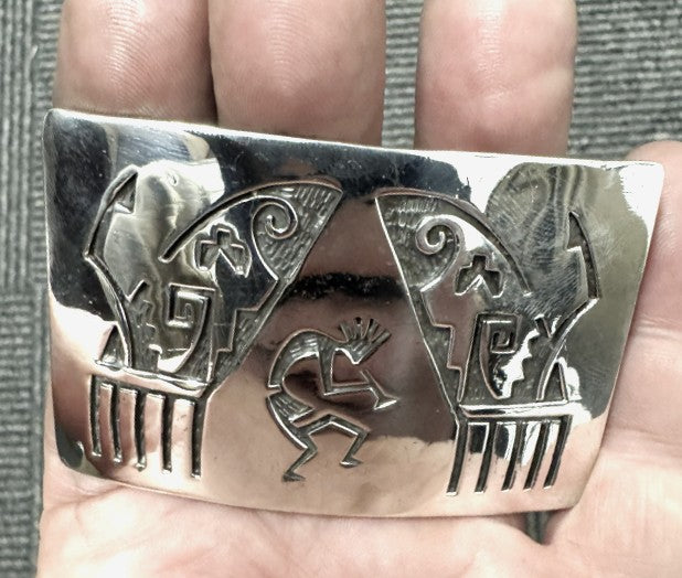 Hopi Pueblo Sterling Silver Overlay Belt Buckle with Kokopelli Motif
