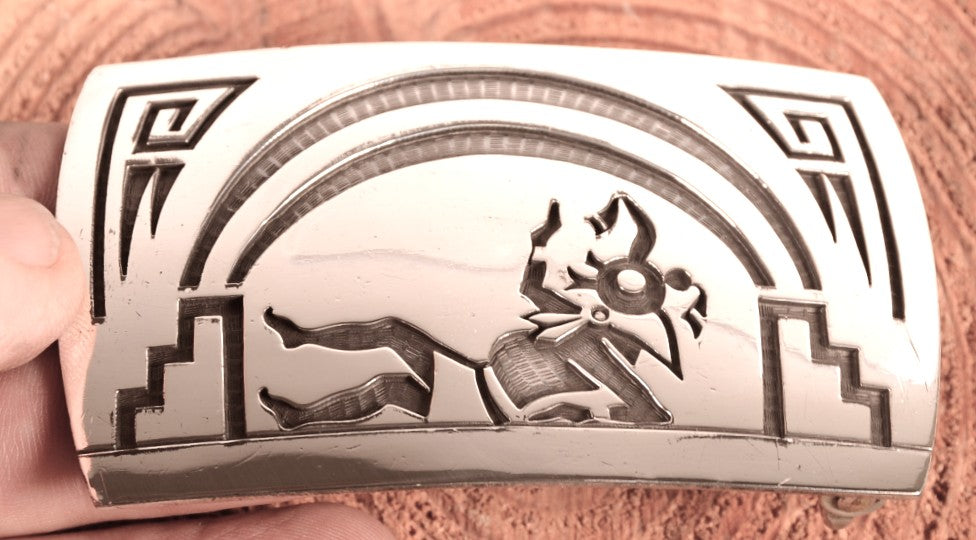 Hopi Pueblo Sterling Silver Overlay Belt Buckle By Master Silversmith Lawrence Saufkie