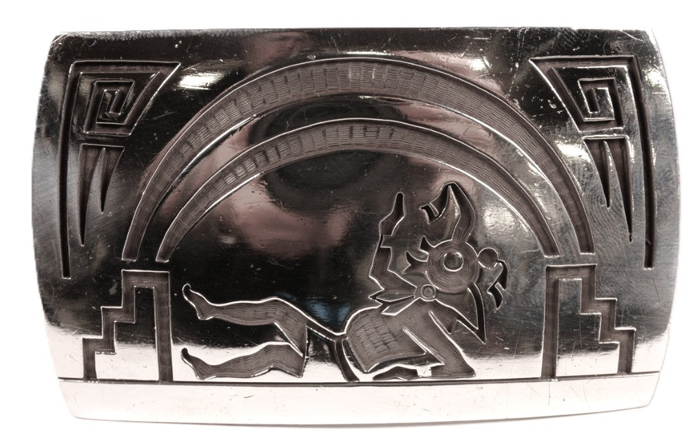 Hopi Pueblo Sterling Silver Overlay Belt Buckle By Master Silversmith Lawrence Saufkie