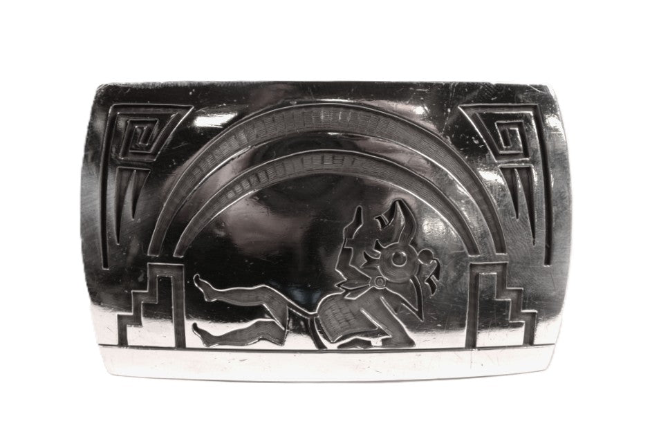 Hopi Pueblo Sterling Silver Overlay Belt Buckle By Master Silversmith Lawrence Saufkie
