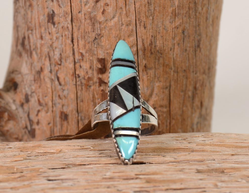Zuni Sterling Silver Ring With Multi Stone Inlay