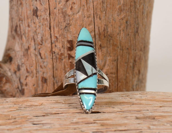 Zuni Sterling Silver Ring With Multi Stone Inlay