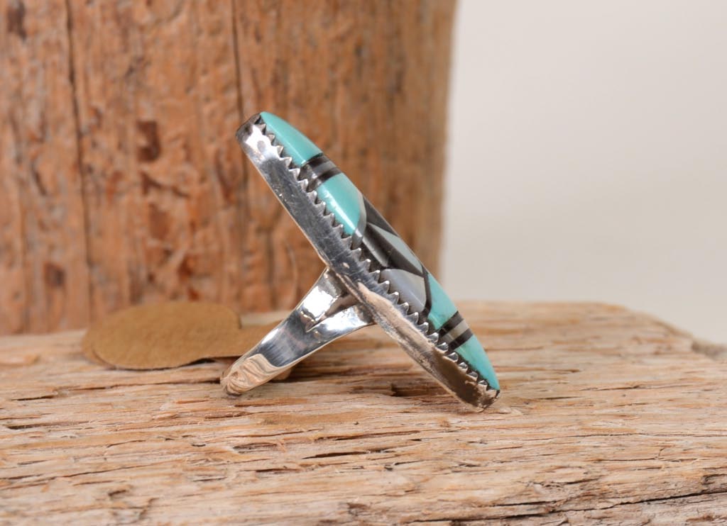 Zuni Sterling Silver Ring With Multi Stone Inlay