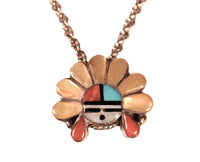 Zuni Pueblo Inlay Sunface Tie Bar with Sterling Silver Rope Chain