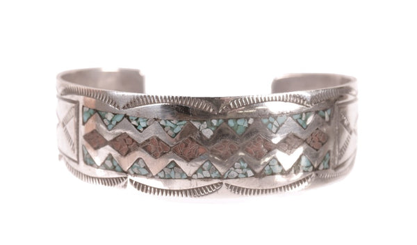Navajo Sterling Silver Chip Inlay Cuff Bracelet By Wilson and Carolyn Begay