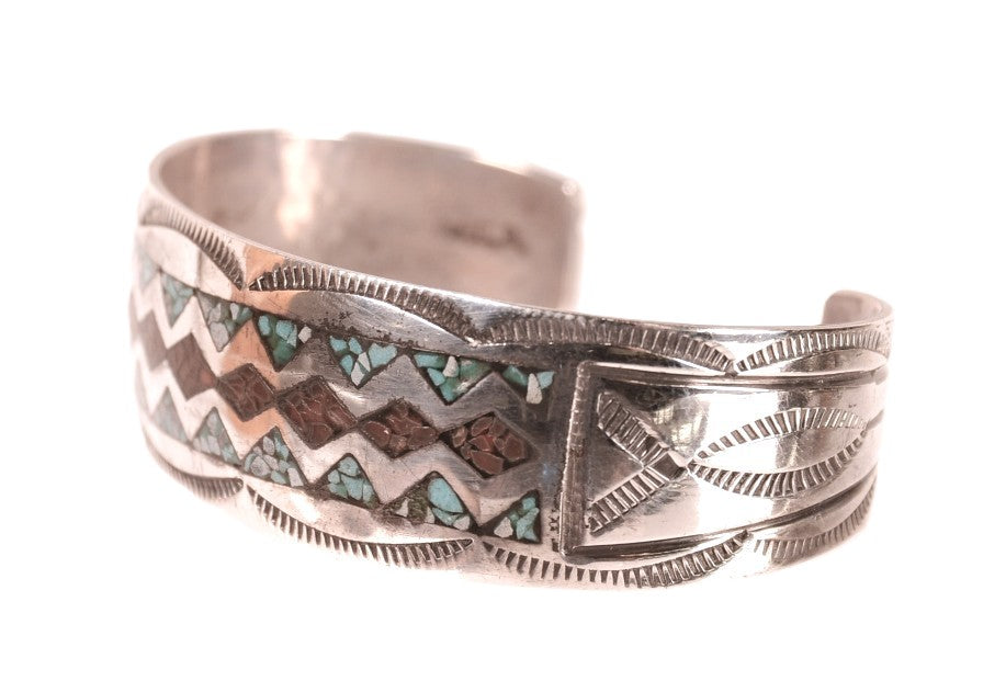 Navajo Sterling Silver Chip Inlay Cuff Bracelet By Wilson and Carolyn Begay