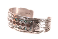 Navajo Sterling Silver Chip Inlay Cuff Bracelet By Wilson and Carolyn Begay