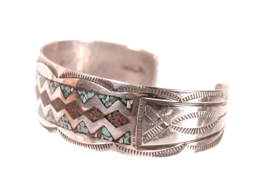 Navajo Sterling Silver Chip Inlay Cuff Bracelet By Wilson and Carolyn Begay