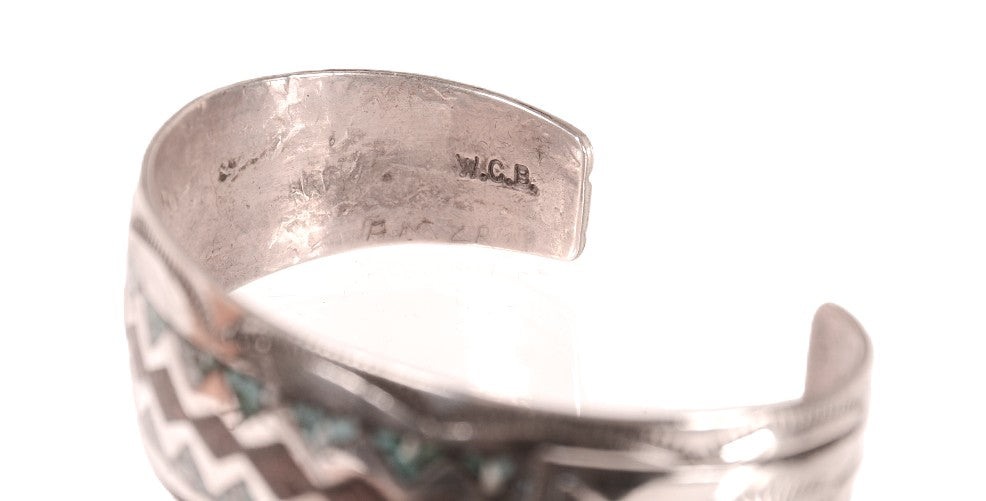 Navajo Sterling Silver Chip Inlay Cuff Bracelet By Wilson and Carolyn Begay