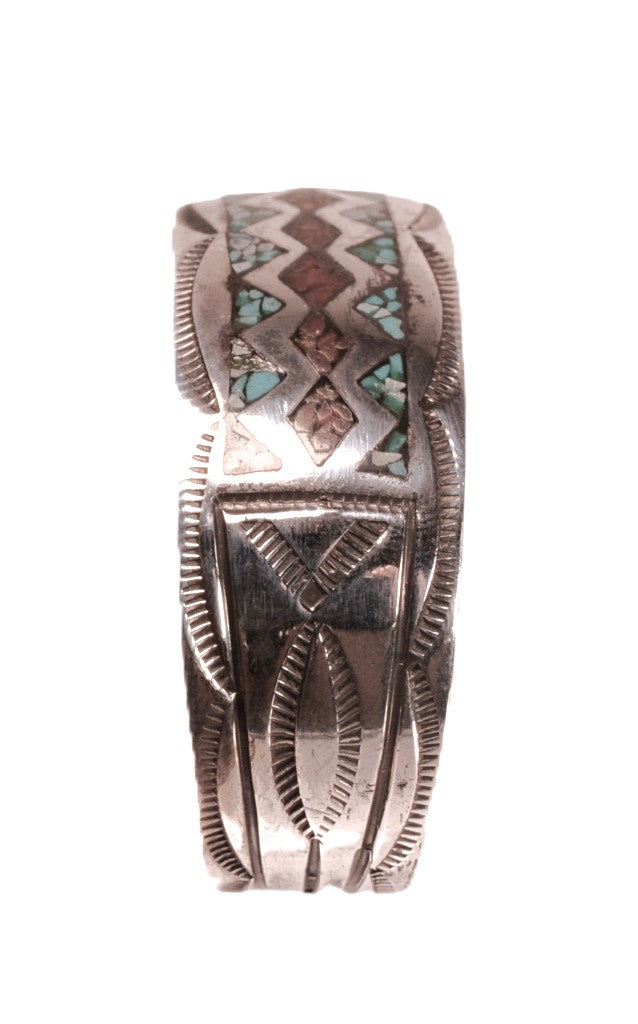 Navajo Sterling Silver Chip Inlay Cuff Bracelet By Wilson and Carolyn Begay