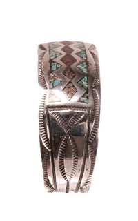Navajo Sterling Silver Chip Inlay Cuff Bracelet By Wilson and Carolyn Begay