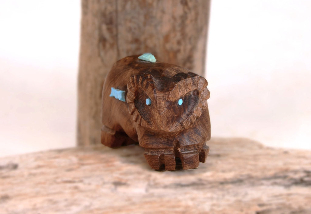 Zuni Fetish Wood Ram By S. Mattio with Turquoise