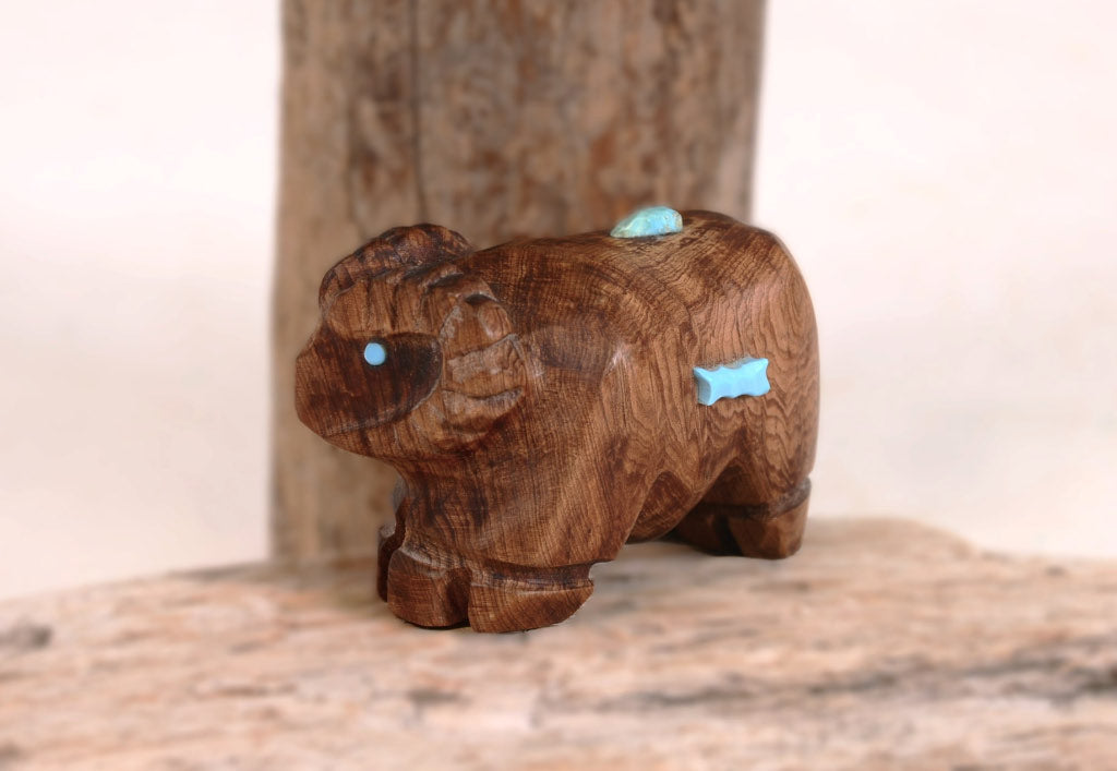 Zuni Fetish Wood Ram By S. Mattio with Turquoise