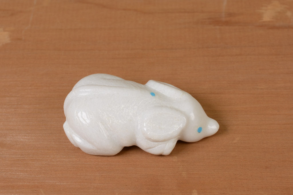Zuni Fetish Mouse, White Marble with Turquoise by Robert Cellicion