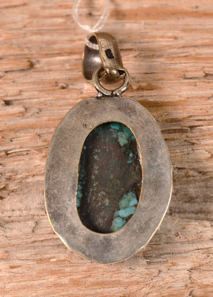 Navajo Blue Turquoise Cabuchon with Dark Matrix in Sterling Silver Pendant