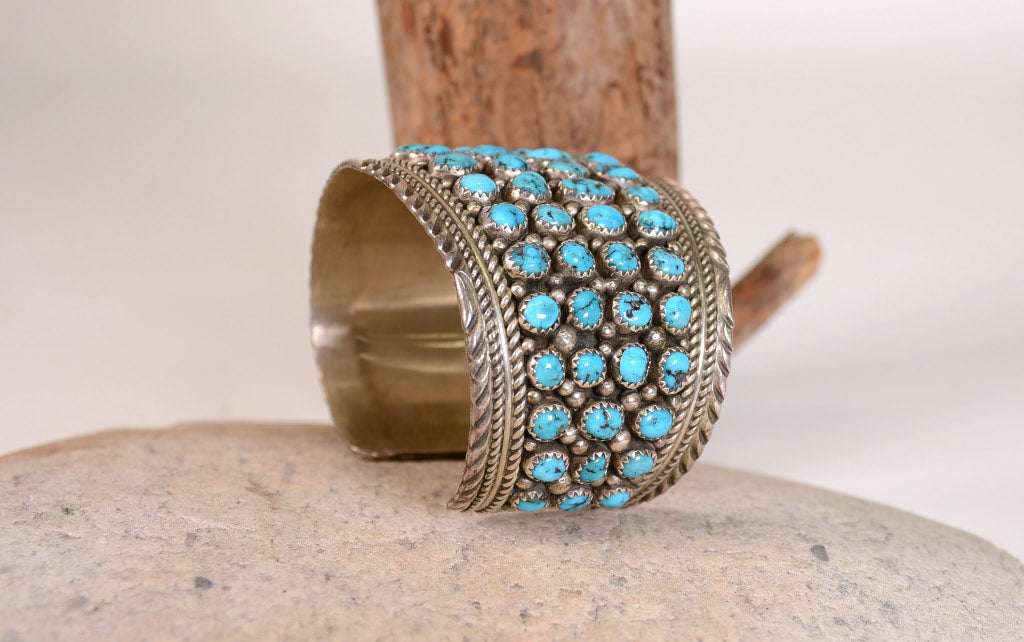 Navajo Sterling Silver Cuff Bracelet with 69  Turquoise Settings Maker "MY"