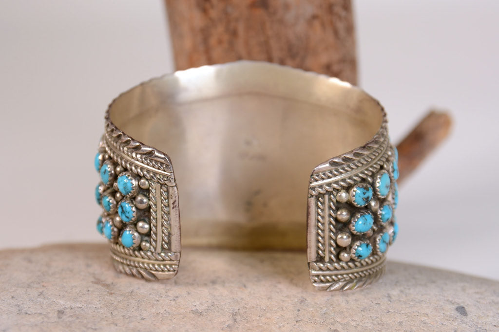 Navajo Sterling Silver Cuff Bracelet with 69  Turquoise Settings Maker "MY"