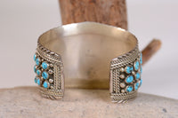 Navajo Sterling Silver Cuff Bracelet with 69  Turquoise Settings Maker "MY"