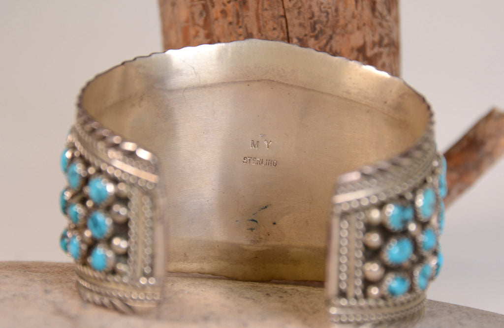 Navajo Sterling Silver Cuff Bracelet with 69  Turquoise Settings Maker "MY"