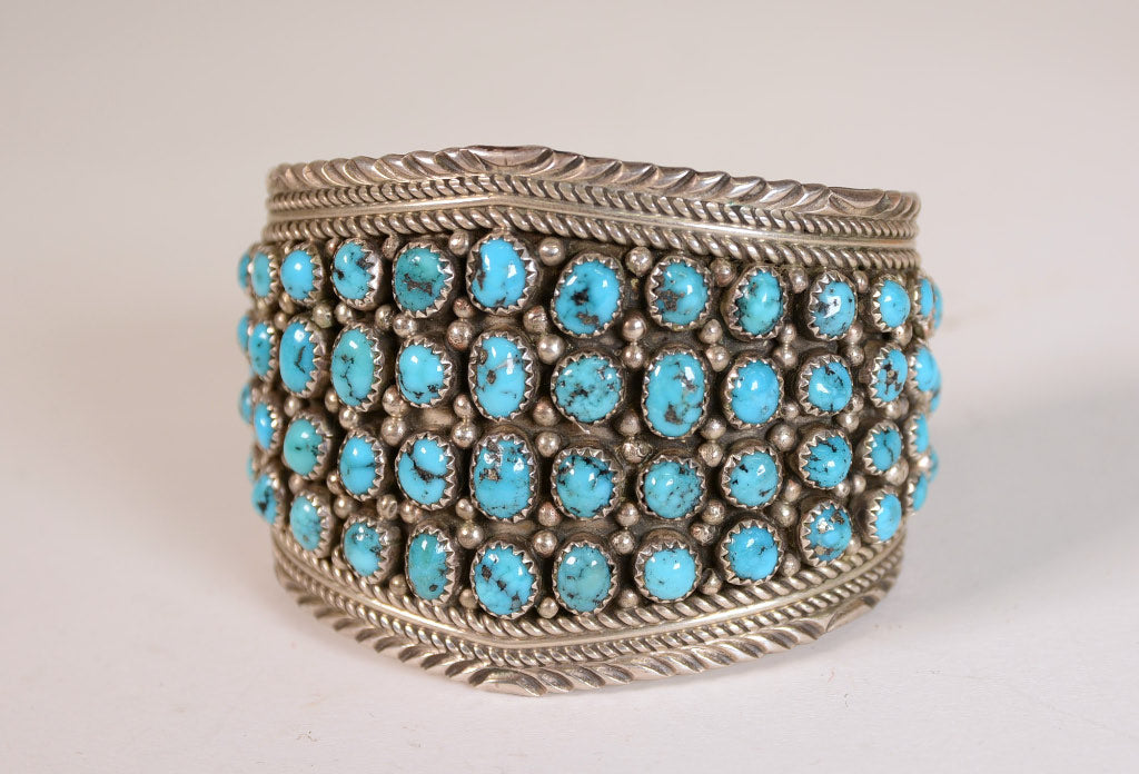 Navajo Sterling Silver Cuff Bracelet with 69  Turquoise Settings Maker "MY"