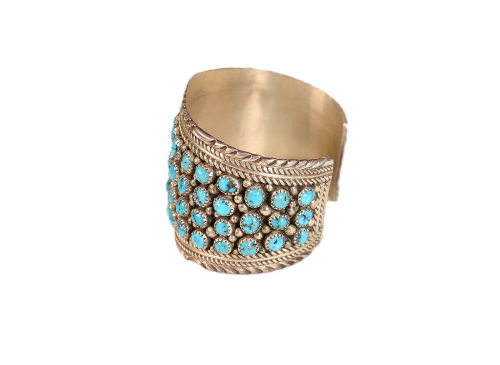 Navajo Sterling Silver Cuff Bracelet with 69  Turquoise Settings Maker "MY"