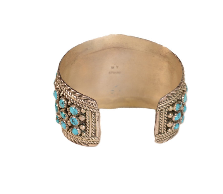 Navajo Sterling Silver Cuff Bracelet with 69  Turquoise Settings Maker "MY"