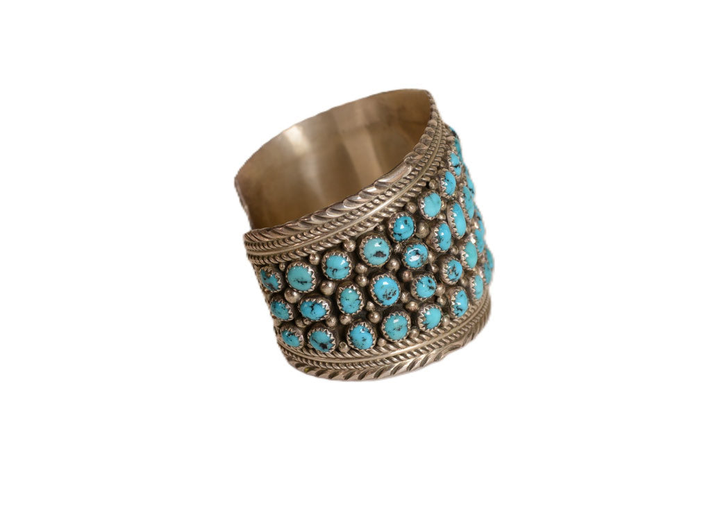 Navajo Sterling Silver Cuff Bracelet with 69  Turquoise Settings Maker "MY"