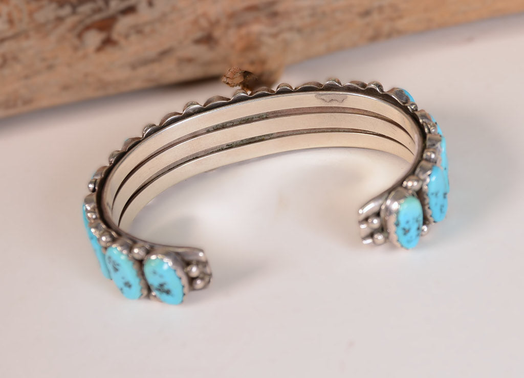 Navajo Sterling Silver Cuff Bracelet with 16 Turquoise Settings