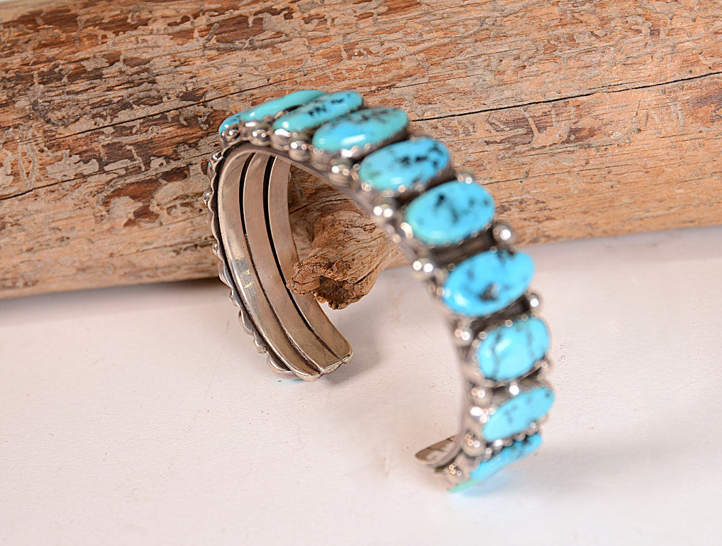 Navajo Sterling Silver Cuff Bracelet with 16 Turquoise Settings