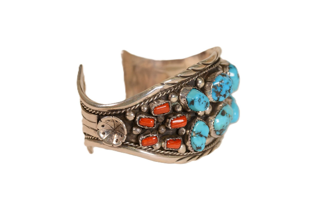 Navajo Cuff Bracelet with Turquoise and Coral