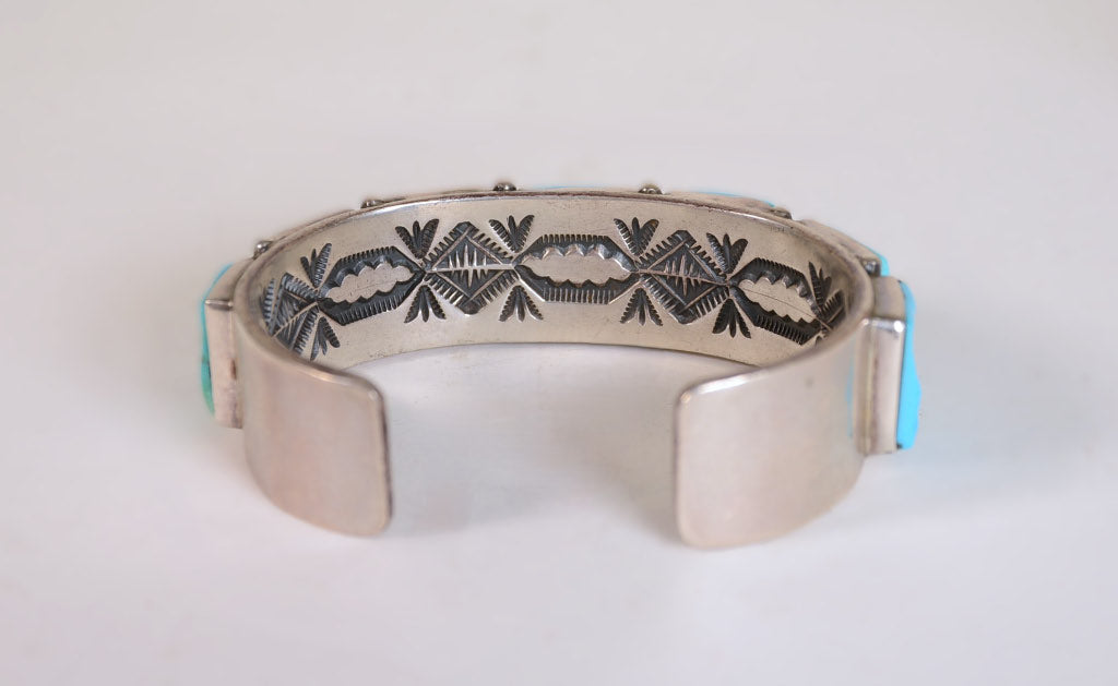 Navajo Cuff Bracelet; Heavy Silver with 7 Turquoise settings