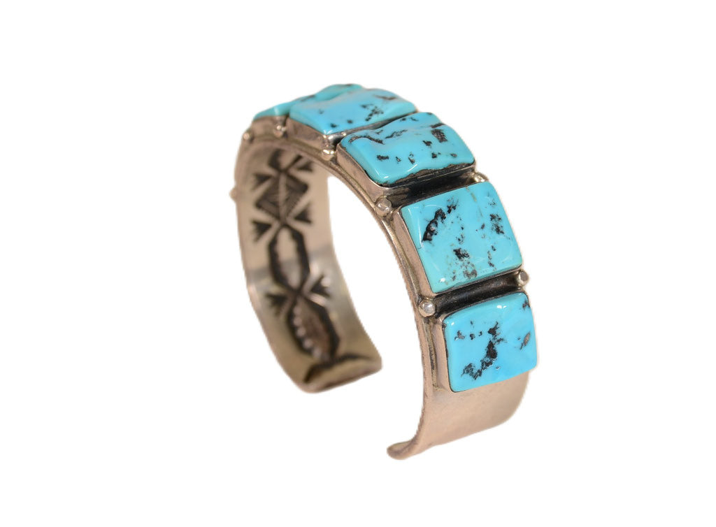 Navajo Cuff Bracelet; Heavy Silver with 7 Turquoise settings