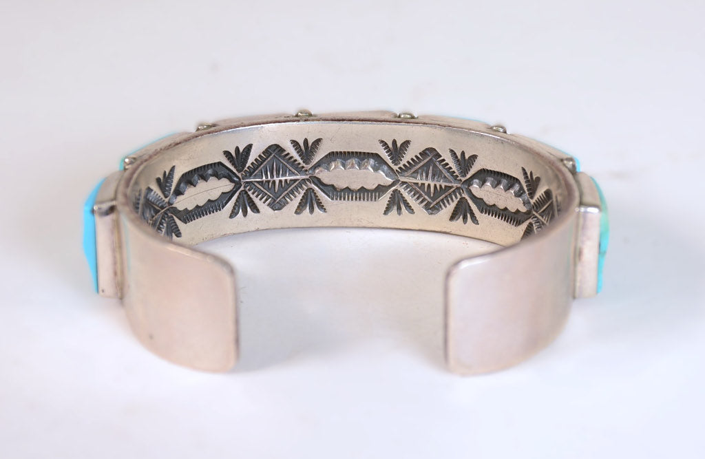 Navajo Cuff Bracelet; Heavy Silver with 7 Turquoise settings