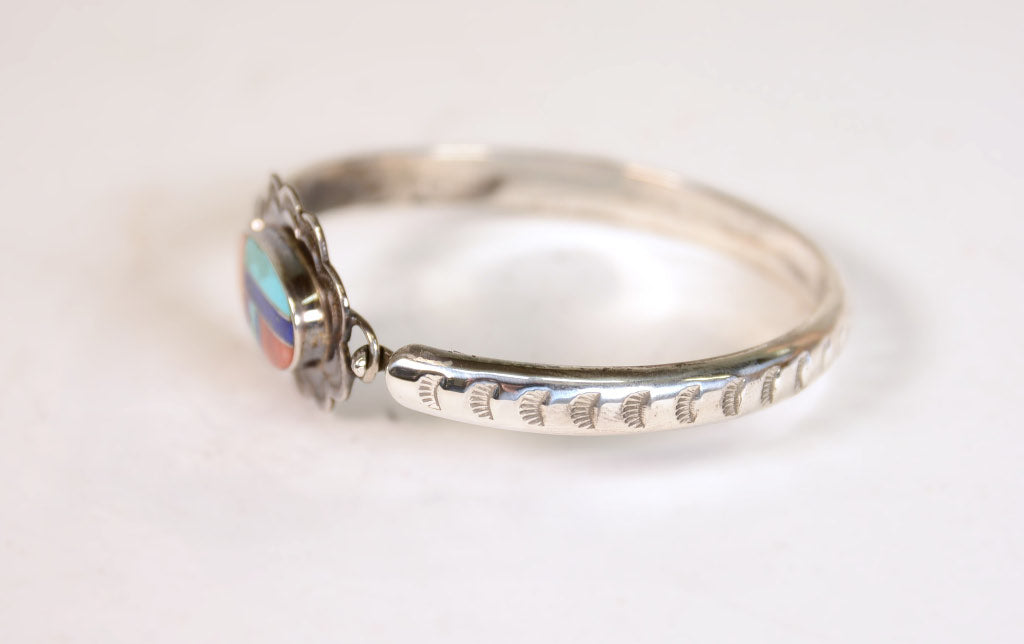 Navajo Bracelet; Sterling Silver Bangle with Inlay Closure