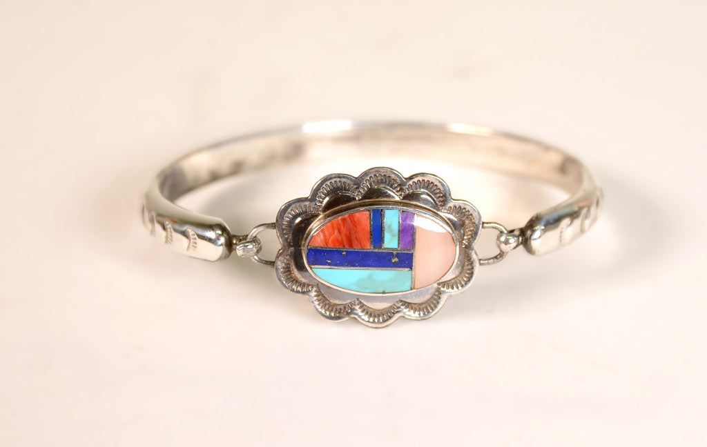 Navajo Bracelet; Sterling Silver Bangle with Inlay Closure
