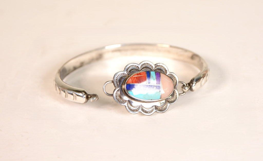 Navajo Bracelet; Sterling Silver Bangle with Inlay Closure