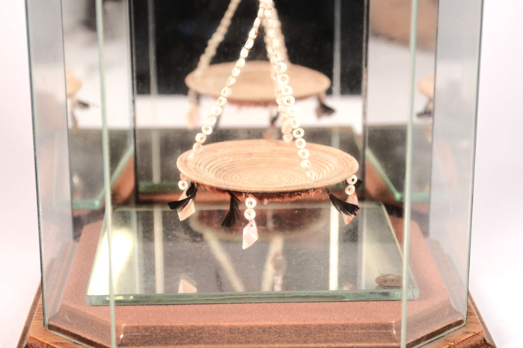 Pomo Miniature Feathered and Shell Basket in Glass and Mirrored Case