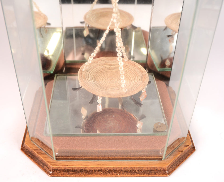 Pomo Miniature Feathered and Shell Basket in Glass and Mirrored Case