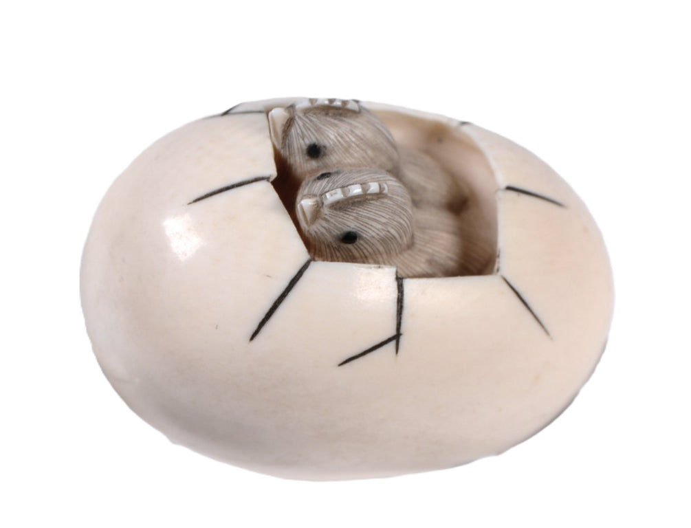 Japanese Netsuke Ivory Egg with Chicks