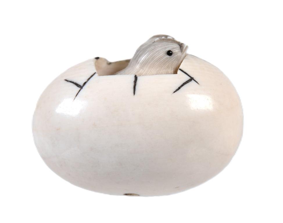 Japanese Netsuke Ivory Egg with Chicks