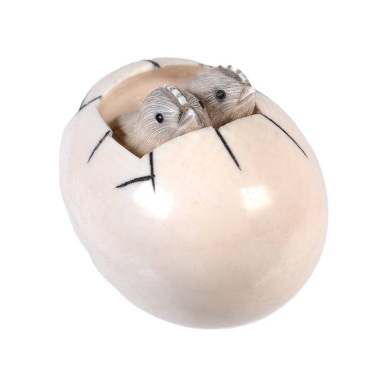 Japanese Netsuke Ivory Egg with Chicks