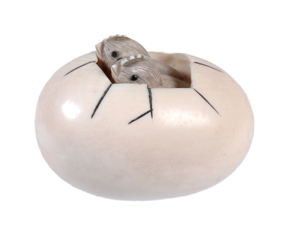 Japanese Netsuke Ivory Egg with Chicks