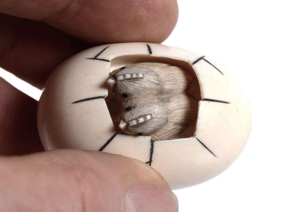 Japanese Netsuke Ivory Egg with Chicks