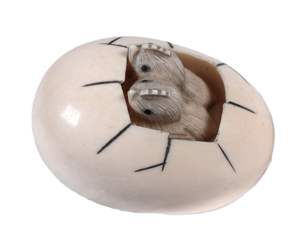 Japanese Netsuke Ivory Egg with Chicks