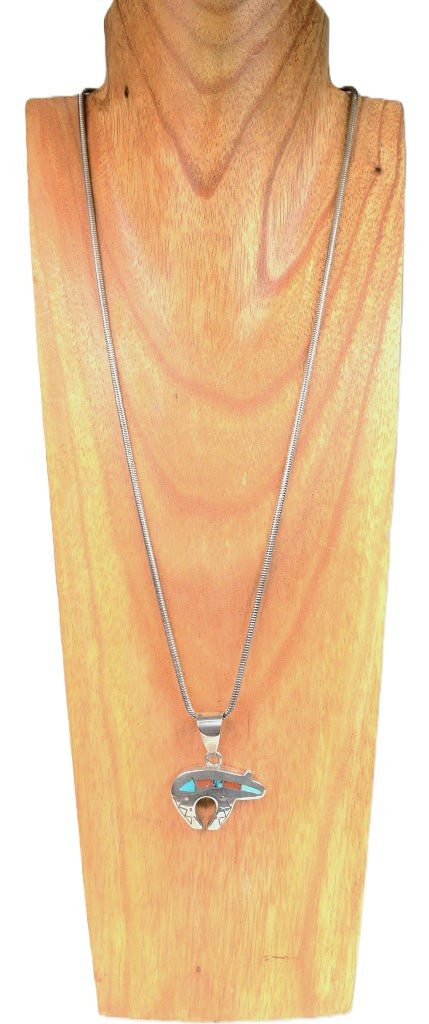 Navajo Sterling Silver Chain with Large Inlaid Bear Pendant By Ray Tracy Knifewing