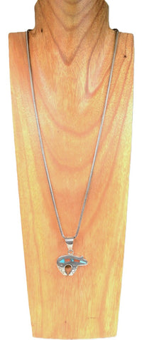 Navajo Sterling Silver Chain with Large Inlaid Bear Pendant By Ray Tracy Knifewing