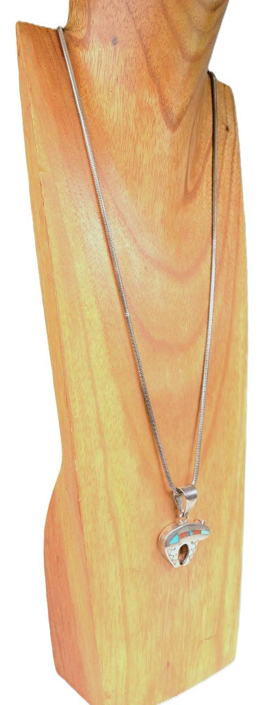 Navajo Sterling Silver Chain with Large Inlaid Bear Pendant By Ray Tracy Knifewing