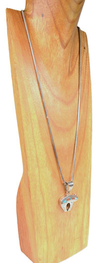 Navajo Sterling Silver Chain with Large Inlaid Bear Pendant By Ray Tracy Knifewing