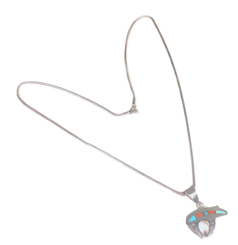 Navajo Sterling Silver Chain with Large Inlaid Bear Pendant By Ray Tracy Knifewing